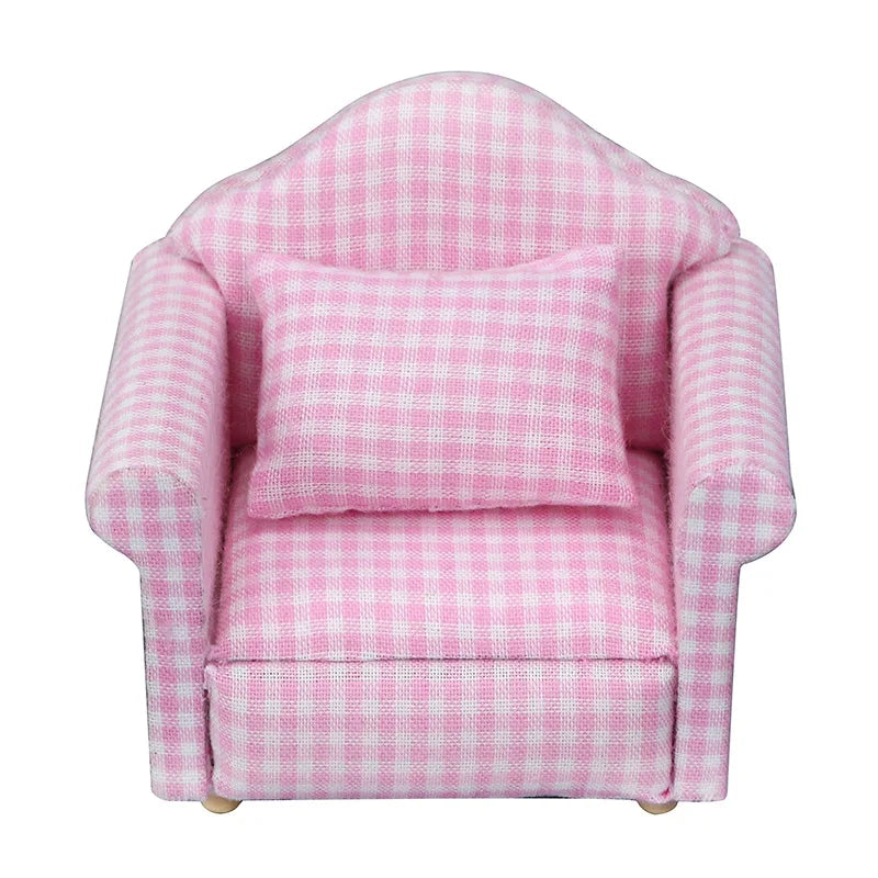 Pink gingham mini sofa and pillow set for dollhouse