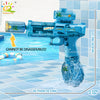 A blue electric pulse water gun with a simulated flame effect is shown in a close-up against a tiled background.