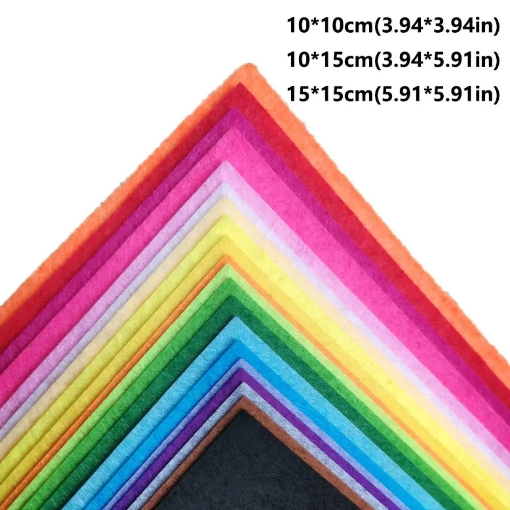 A fan arrangement of vibrant felt fabric sheets in a rainbow gradient, showing various sizes and colors.