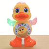 A yellow duck robot toy with glowing green wings and orange feet.