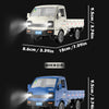 A white and blue 1:16 scale 4WD RC truck model is shown in a side view with various dimensions.