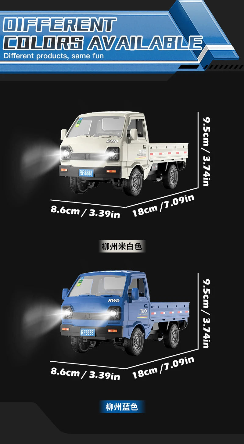 A white and blue 1:16 scale 4WD RC truck model is shown in a side view with various dimensions.