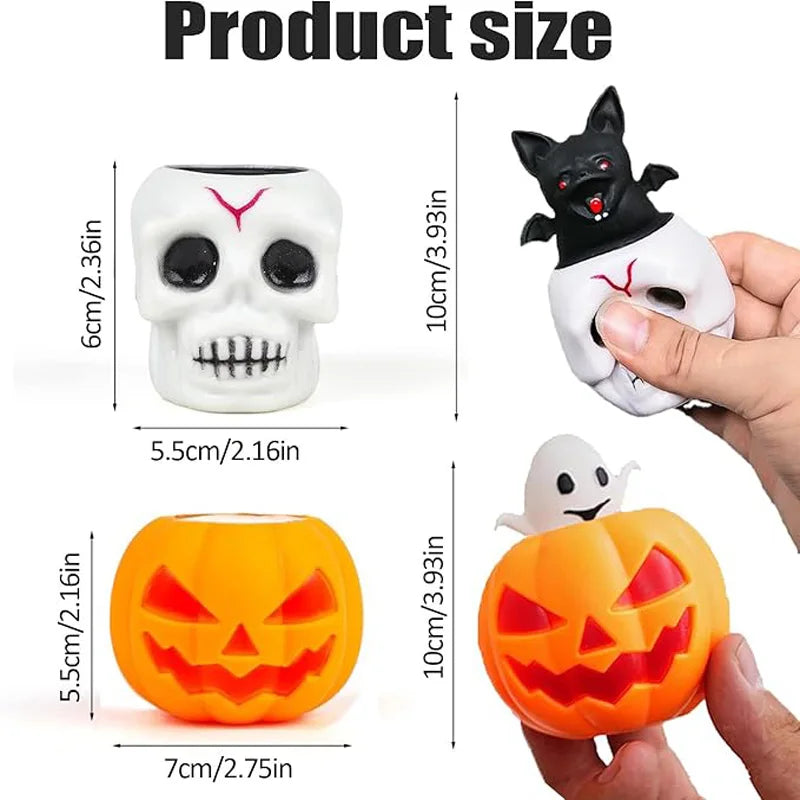 A set of Halloween squeeze stress balls featuring a pumpkin and a skull design.