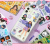 A collection of die-cut stickers and art prints featuring a girl in a purple outfit, displayed alongside the product packagin