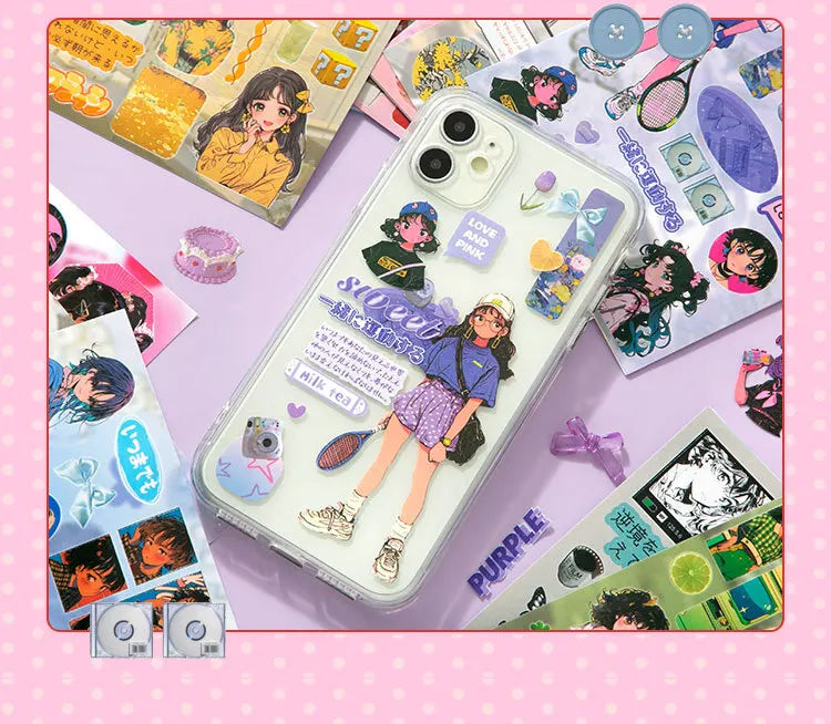 A collection of die-cut stickers and art prints featuring a girl in a purple outfit, displayed alongside the product packagin