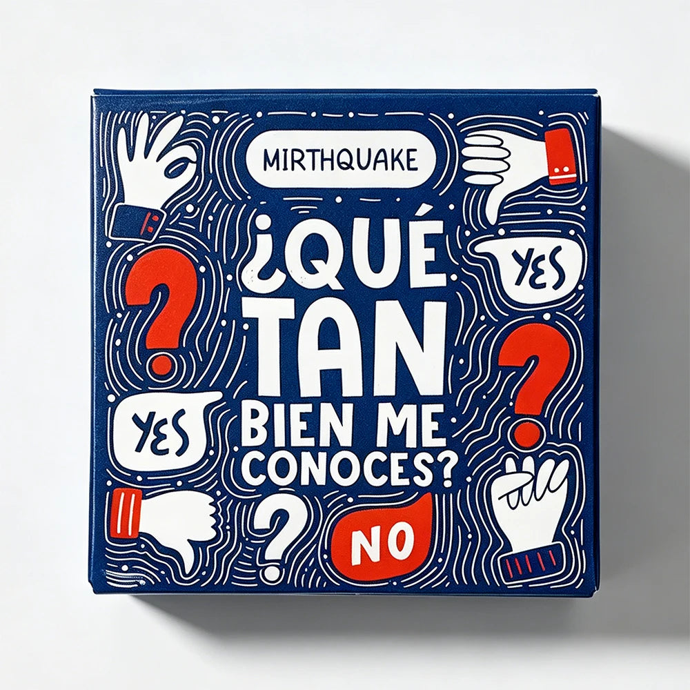A deck of blue mini game cards featuring question marks and hand gestures asking ¿Qué tan bien me conoces?