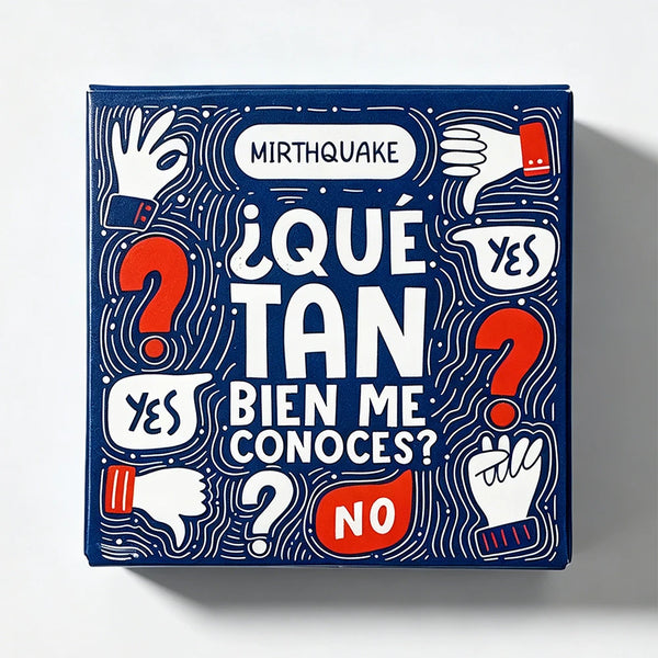 A deck of blue mini game cards featuring question and answer prompts in Spanish with hand gestures.