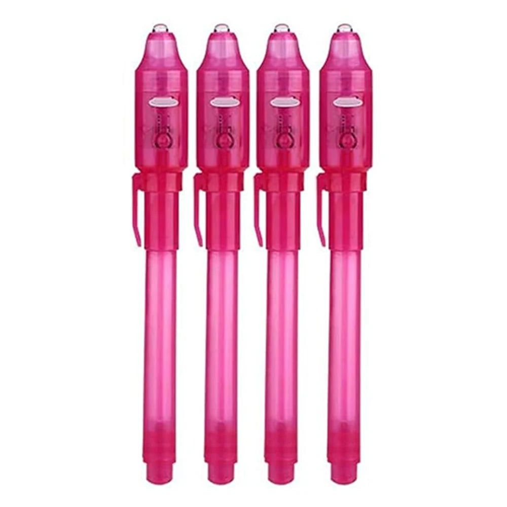 A set of five pink invisible ink spy pens with UV light for secret messages