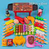 A colorful mini barbecue grill set with various food items and play accessories for children