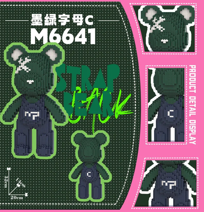 A green brick set featuring a bear figure and related components for fluid art building blocks.
