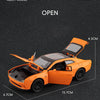 Orange diecast Dodge Challenger SRT Hellcat model car with the hood open, shown from a side angle.