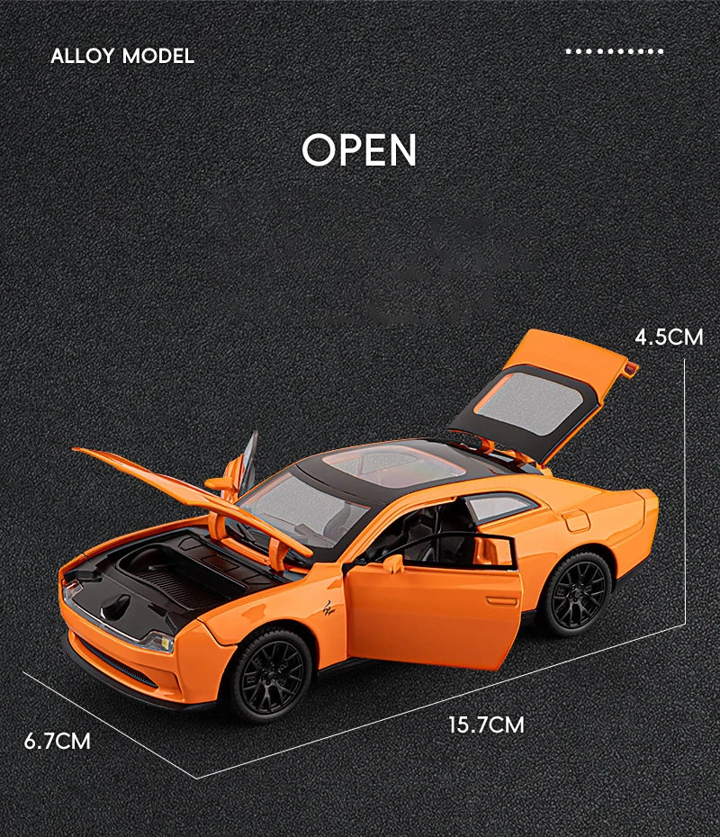 Orange diecast Dodge Challenger SRT Hellcat model car with the hood open, shown from a side angle.