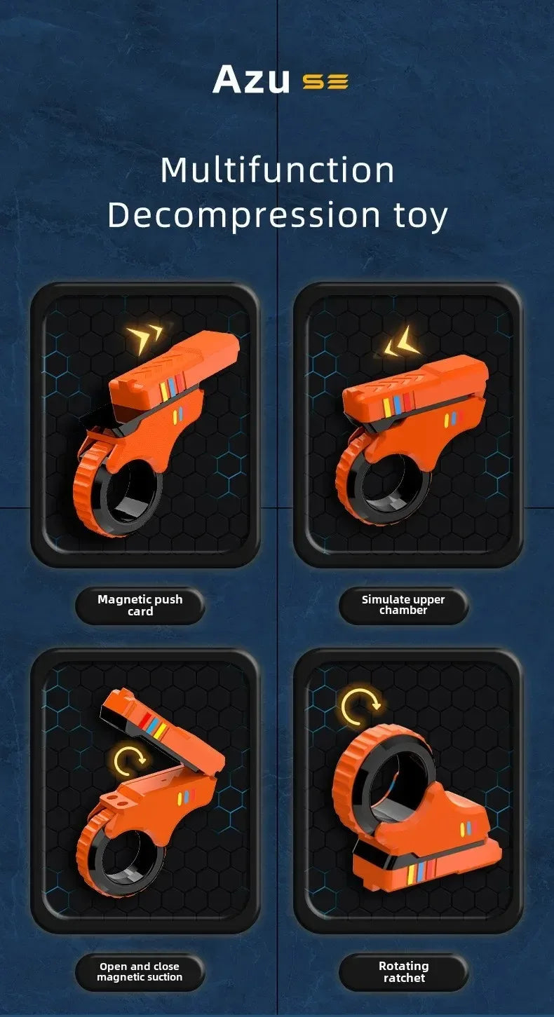 An orange multifunction decompression toy featuring a magnetic push card and rotating ratchet mechanism.