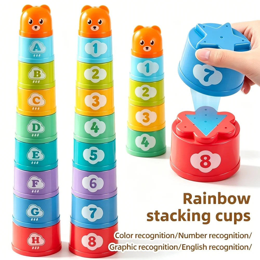 A set of eight colorful rainbow stacking cups for children used for color and number recognition games.