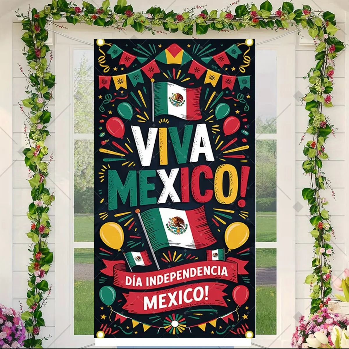 A vertical poster featuring a vibrant design celebrating Mexico's independence with flags, fireworks, and festive colors.