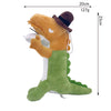 A plush toy of a yellow creature with brown ears and a green body, shown from the side.