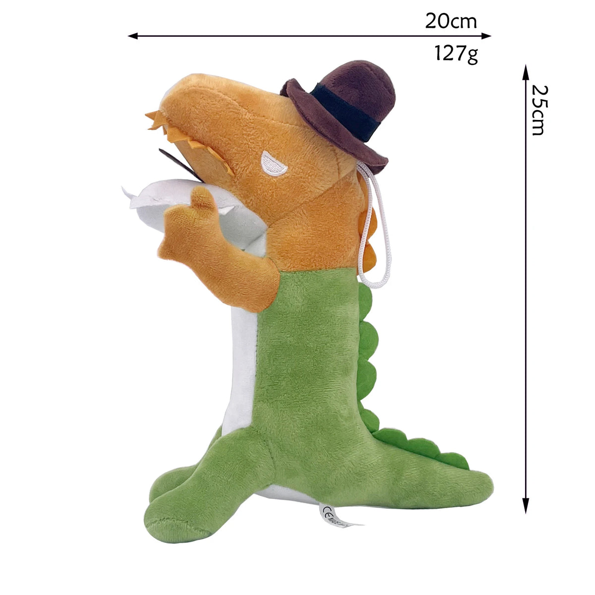 A plush toy of a yellow creature with brown ears and a green body, shown from the side.