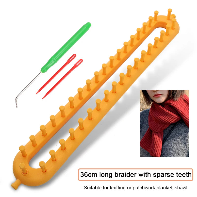 Orange 36cm braider with sparse teeth and a red hook for knitting or patchwork blanket