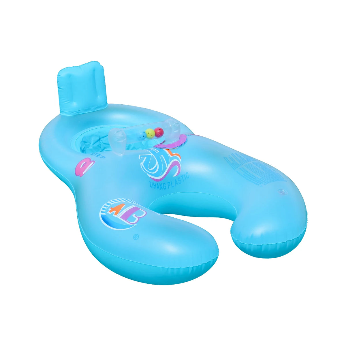 A light blue inflatable pool lounger for two with a sun canopy and backrest.