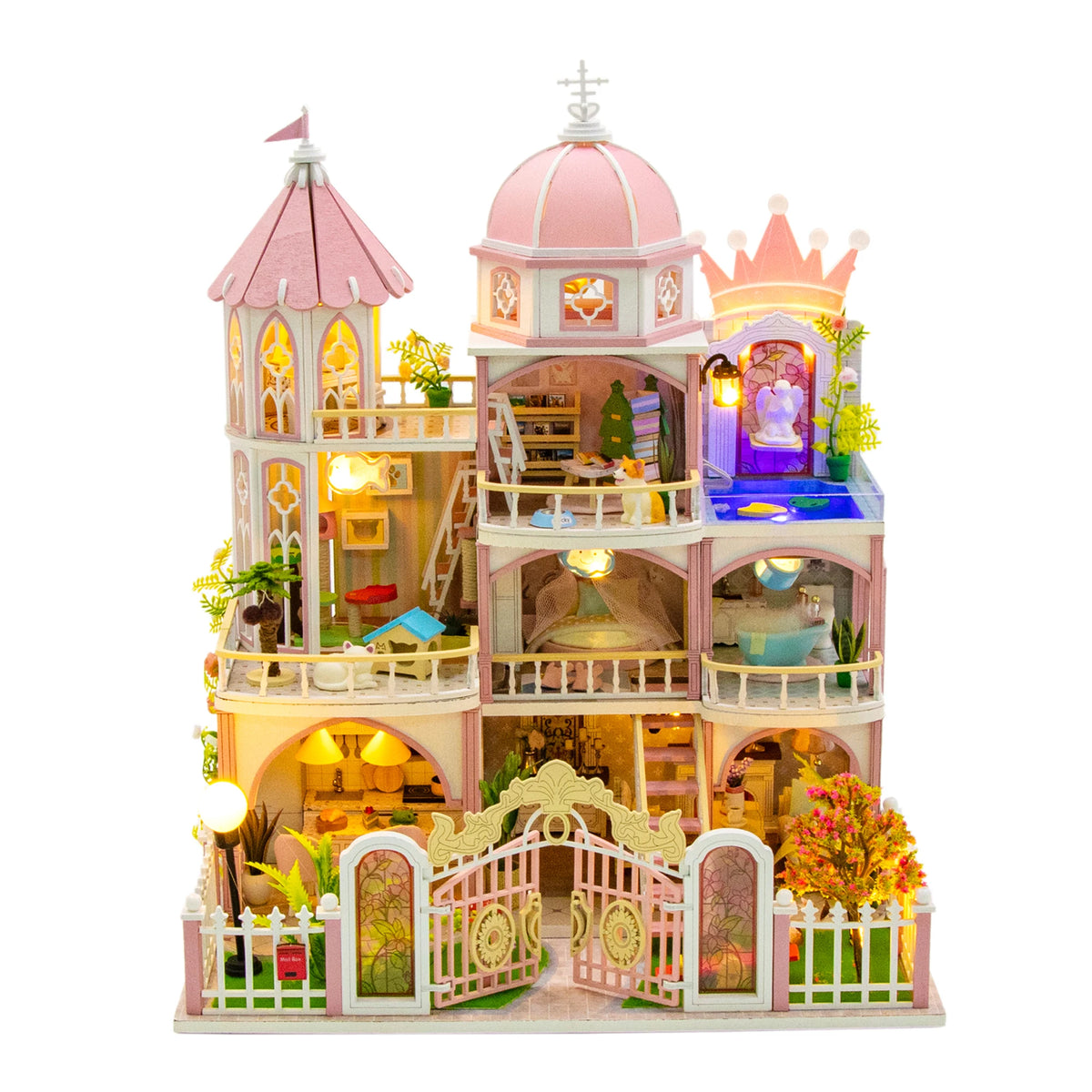 A pink and white wooden dollhouse kit resembling a castle with LED lighting and furniture.