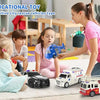 A girl plays with a 4-pack of friction powered emergency vehicle toys on a rug.
