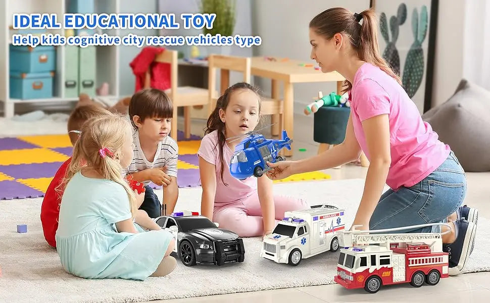 A girl plays with a 4-pack of friction powered emergency vehicle toys on a rug.