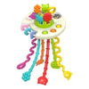 A colorful baby pull-string sensory toy with silicone teether featuring various shapes and textures.