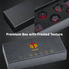 A premium black box with a frosted texture containing seven red resin dice for tabletop gaming