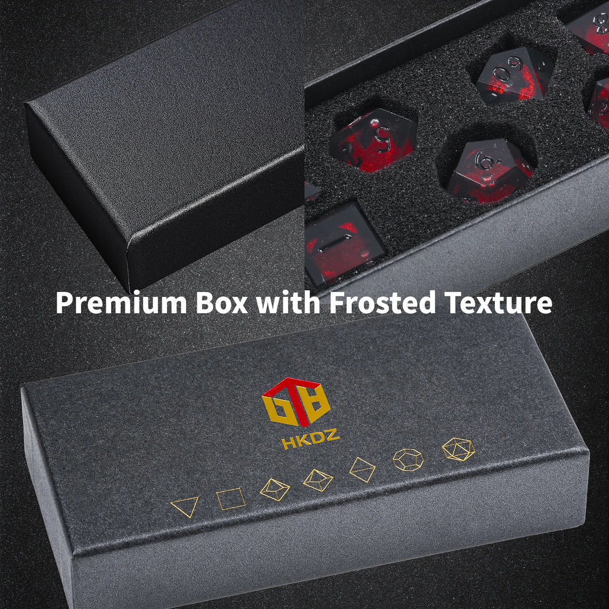 A premium black box with a frosted texture containing seven red resin dice for tabletop gaming