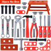 A set of red and gray kids tools including a drill, pliers, and various hand tools for play