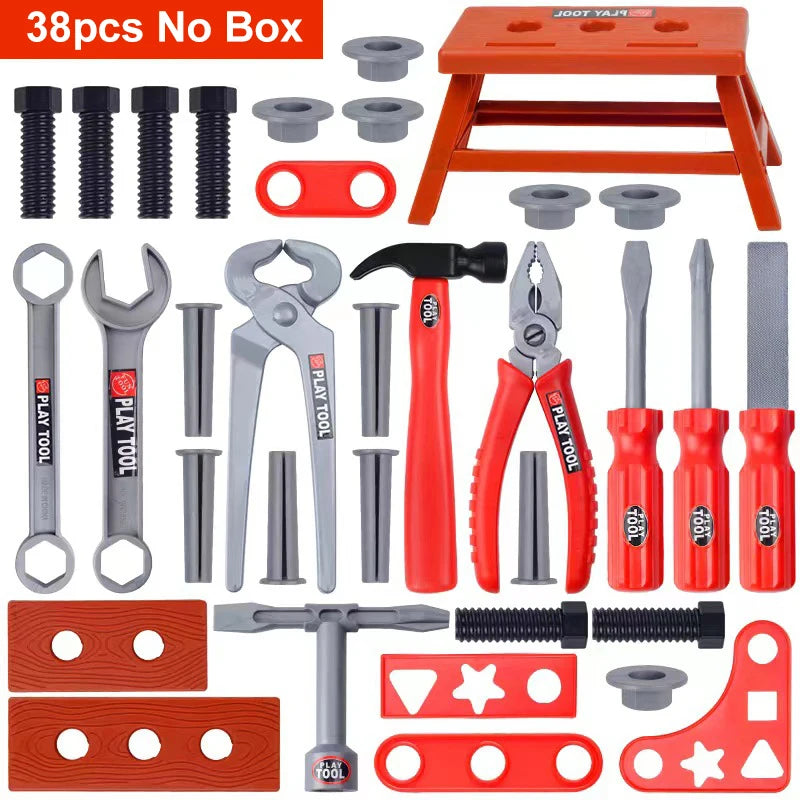 A set of red and gray kids tools including a drill, pliers, and various hand tools for play