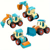 A set of four plastic construction vehicles in yellow, blue, and orange colors.