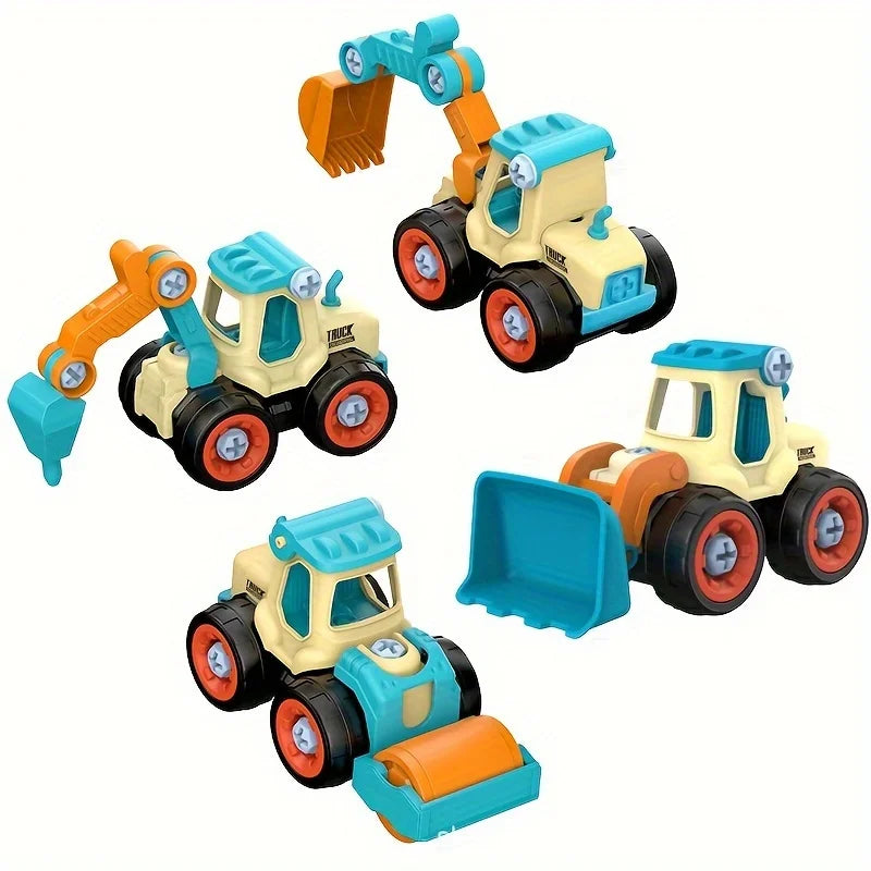 A set of four plastic construction vehicles in yellow, blue, and orange colors.