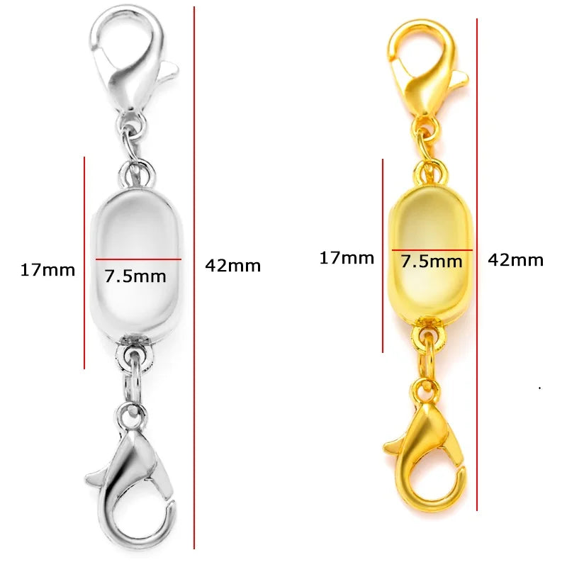 A set of five magnetic lobster claw clasps for jewelry making shown with dimensions.