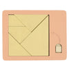 A square wooden puzzle with a geometric design and a small opening for insertion.