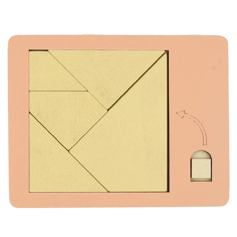 A square wooden puzzle with a geometric design and a small opening for insertion.