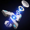 A silver metal luminous fidget spinner is shown rotating against a dark background with glowing blue light effects.