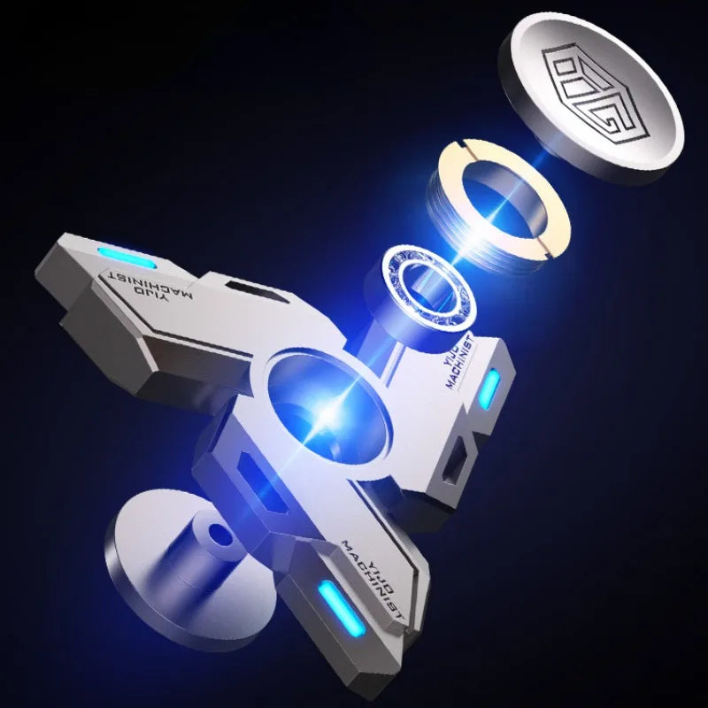 A silver metal luminous fidget spinner is shown rotating against a dark background with glowing blue light effects.