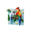 A colorful 3D shark head wall art made from building blocks featuring a white bird and a red parrot.