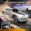 A white 4WD RC drift car is shown in motion with a remote control visible, demonstrating its visual journey.