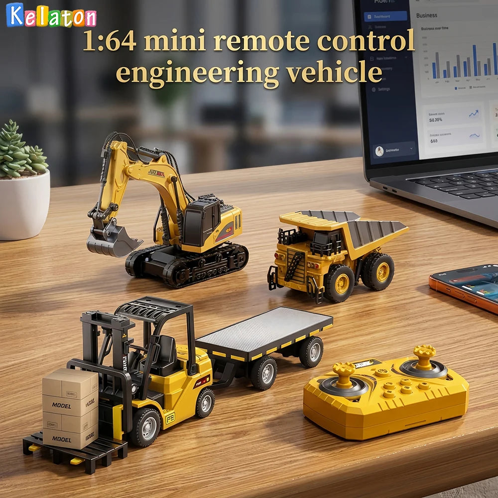 A yellow 1:64 mini remote control crane and forklift vehicle with a trailer on a wooden table.