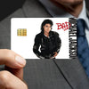 A close-up of a credit card featuring Michael Jackson imagery and text on a dark background.