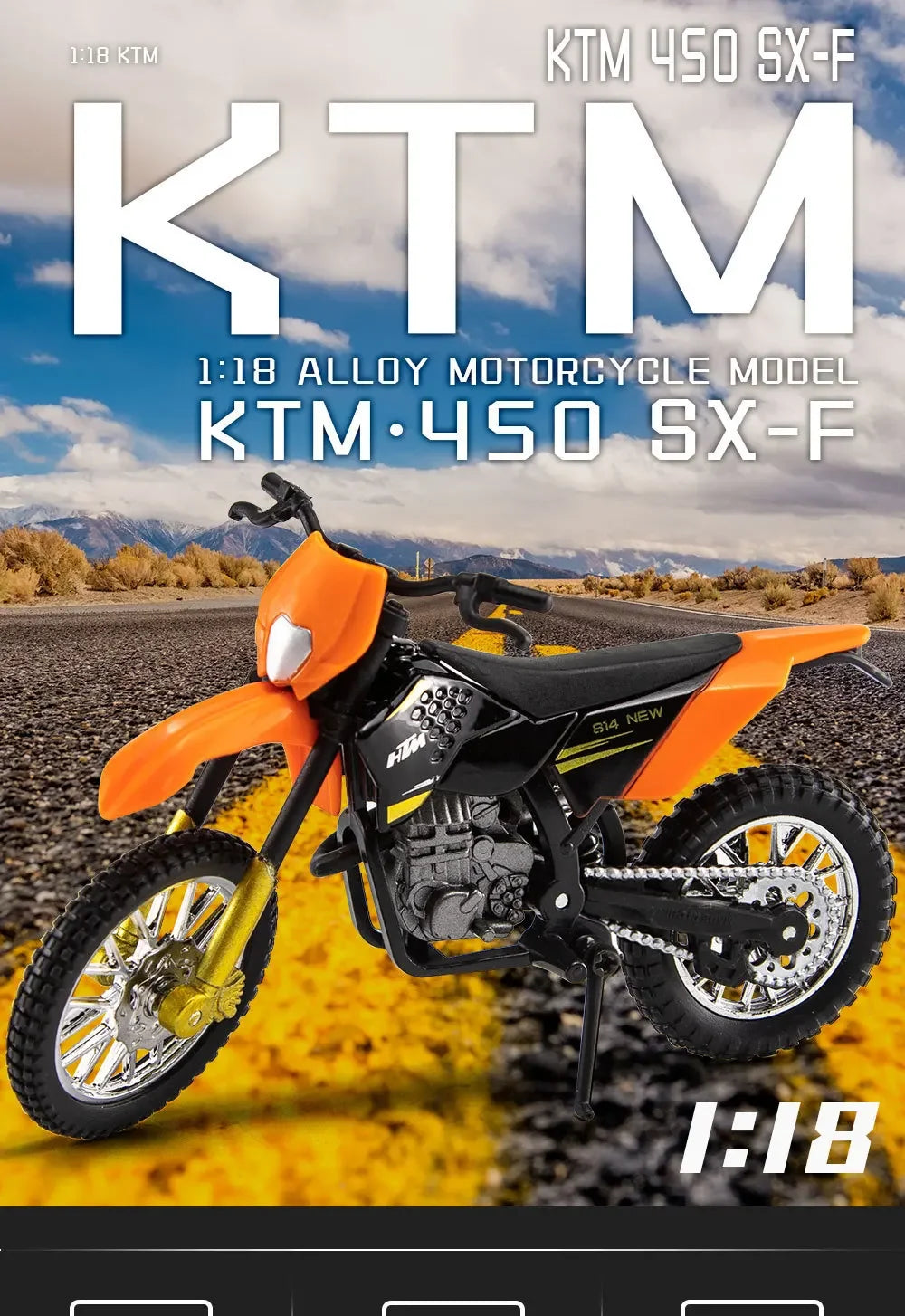 A 1:18 scale diecast model of the KTM 450 SX-F motorcycle in orange and black colors.