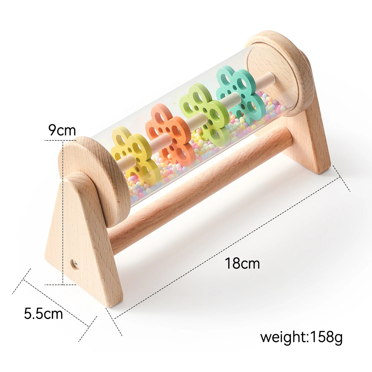 Bâton à pluie arc-en-ciel en bois jouet éducatif avec des anneaux en silicone colorés pour bébés.