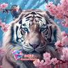 A majestic tiger painting featuring blue eyes and detailed stripes amidst pink cherry blossoms.