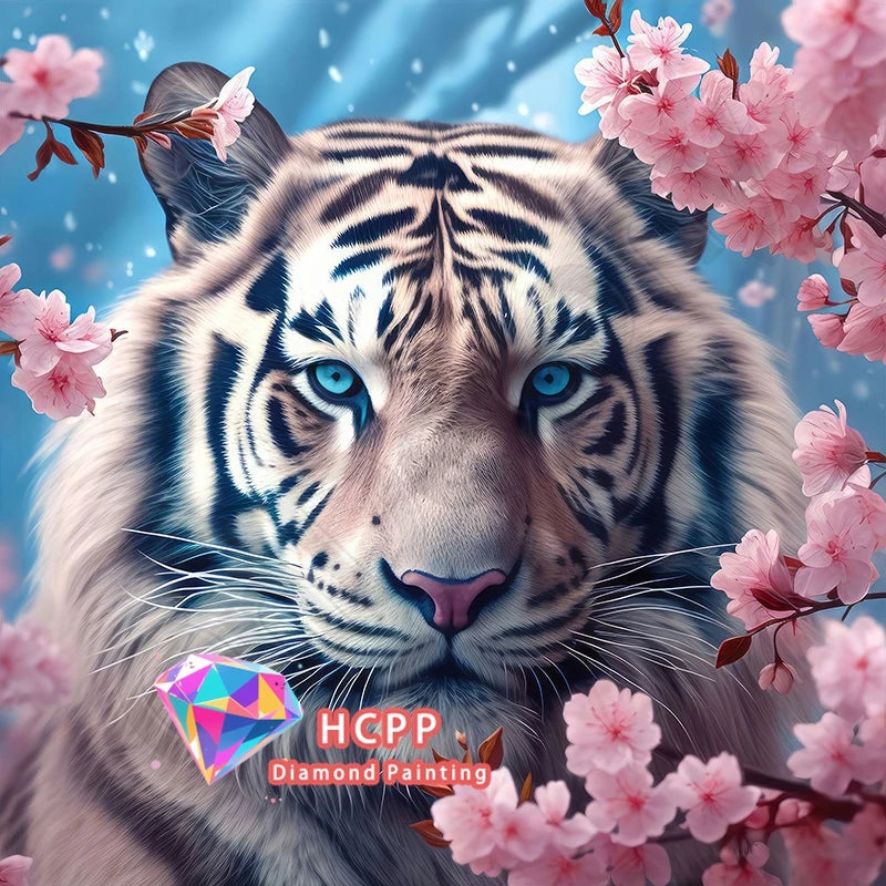 A majestic tiger painting featuring blue eyes and detailed stripes amidst pink cherry blossoms.
