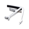 Silver zinc alloy guitar capo clamp with a black lever and metal tuning pegs