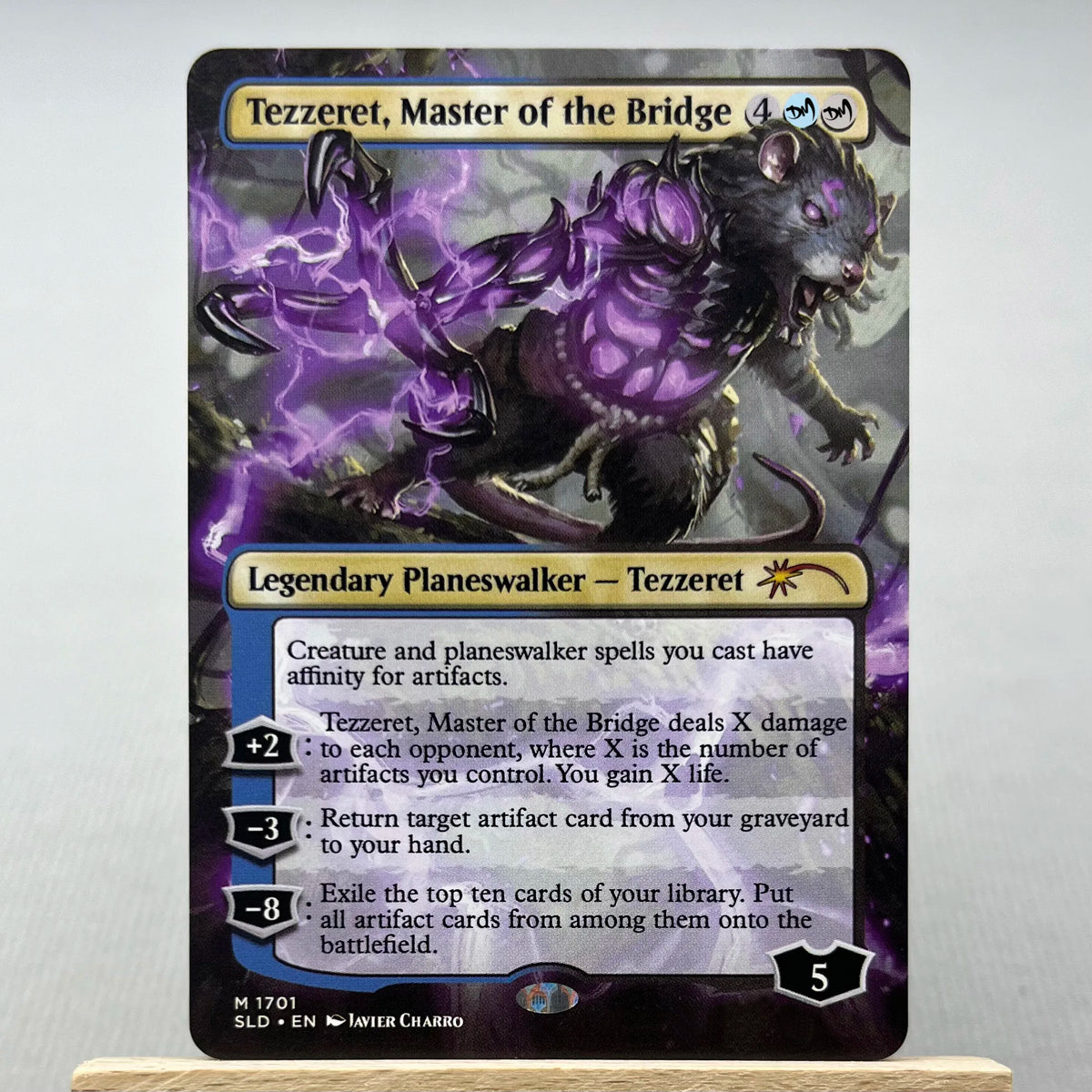 A Magic: The Gathering card featuring the Legendary Planeswalker Tezzeret, Master of the Bridge.