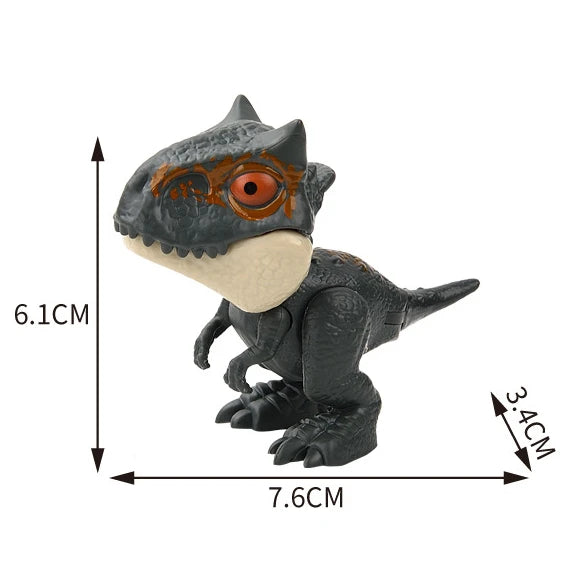 A dark gray finger dinosaur fidget toy with an orange eye and a light beige snout, shown from the side.
