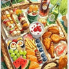 A platter of sweet dessert diamond painting kit components including cupcakes, watermelon, and strawberry art for home decor